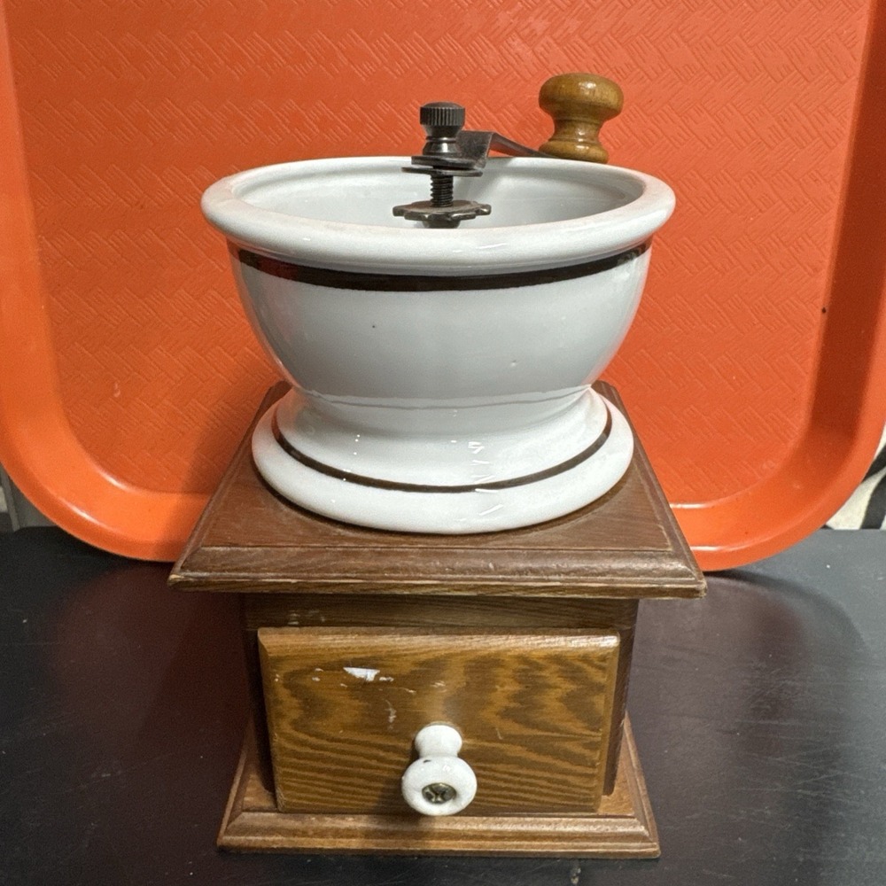 Vintage Teleflora Manual Coffee Grinder Wood and Ceramic 1982